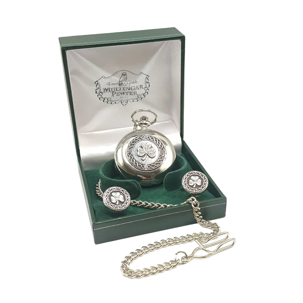 Gents Pewter Quartz Pocket Watch & Cufflinks set - Shamrock - The Celtic Gift Store - Jewelry