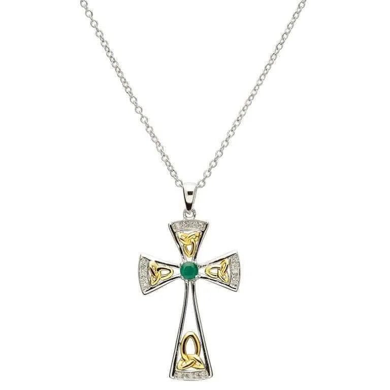 Genuine Diamond and Emerald Gold and Sterling Silver Cross Necklace - The Celtic Gift Store - Necklaces