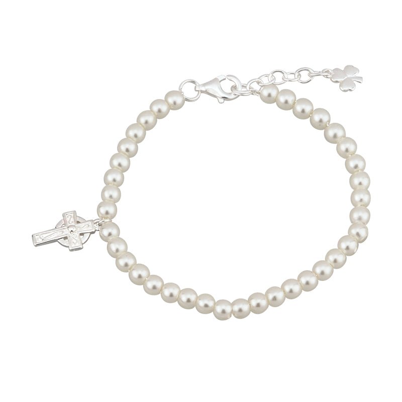 Kid's Rhodium Plated Celtic Cross Pearl Bracelet - The Celtic Gift Store - bracelets