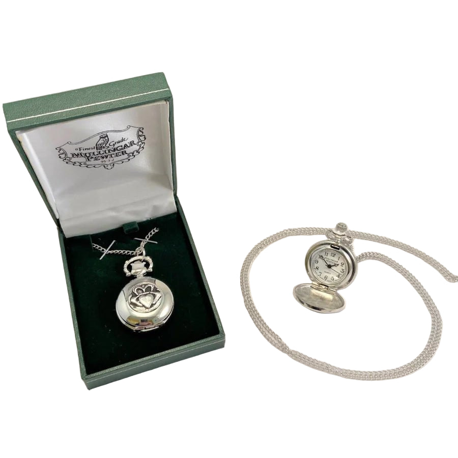 Mullingar Pewter Claddagh Pocket Watch Necklace - The Celtic Gift Store - Necklaces