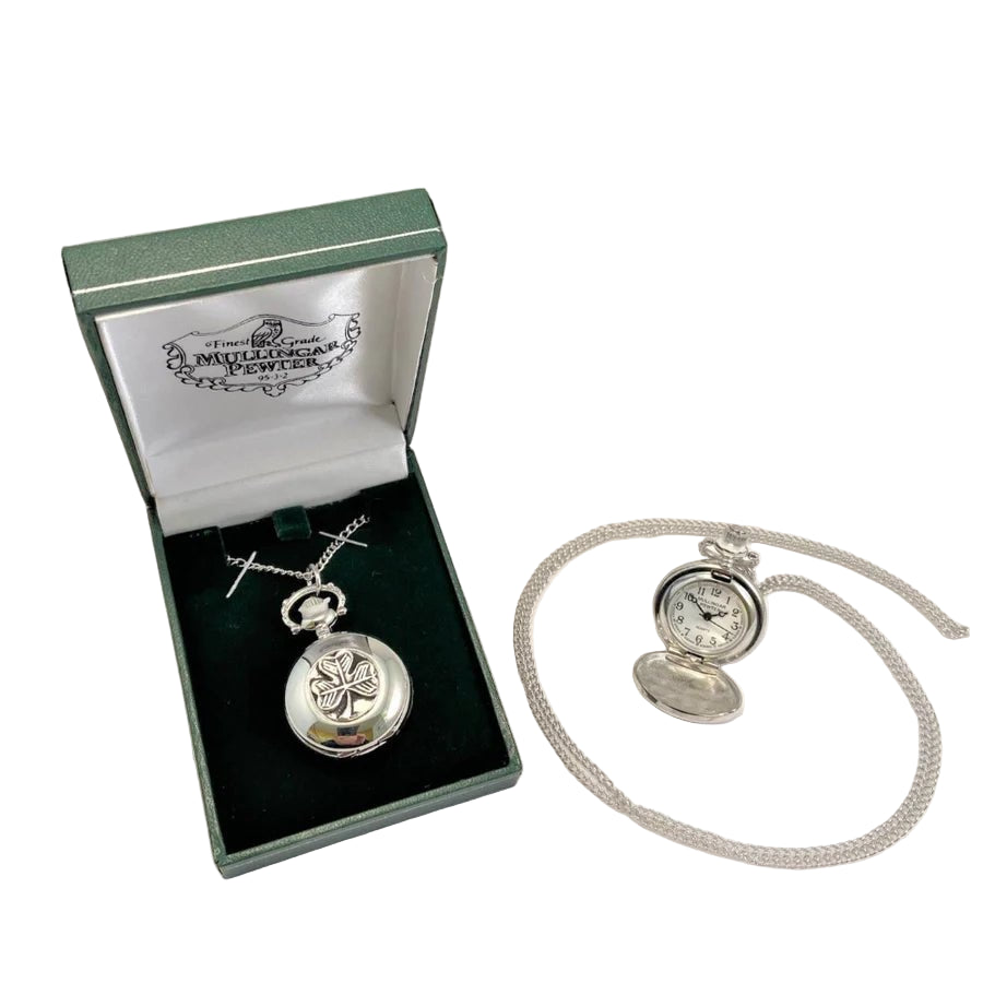 Mullingar Pewter Shamrock Pocket Watch Necklace - The Celtic Gift Store - Necklaces