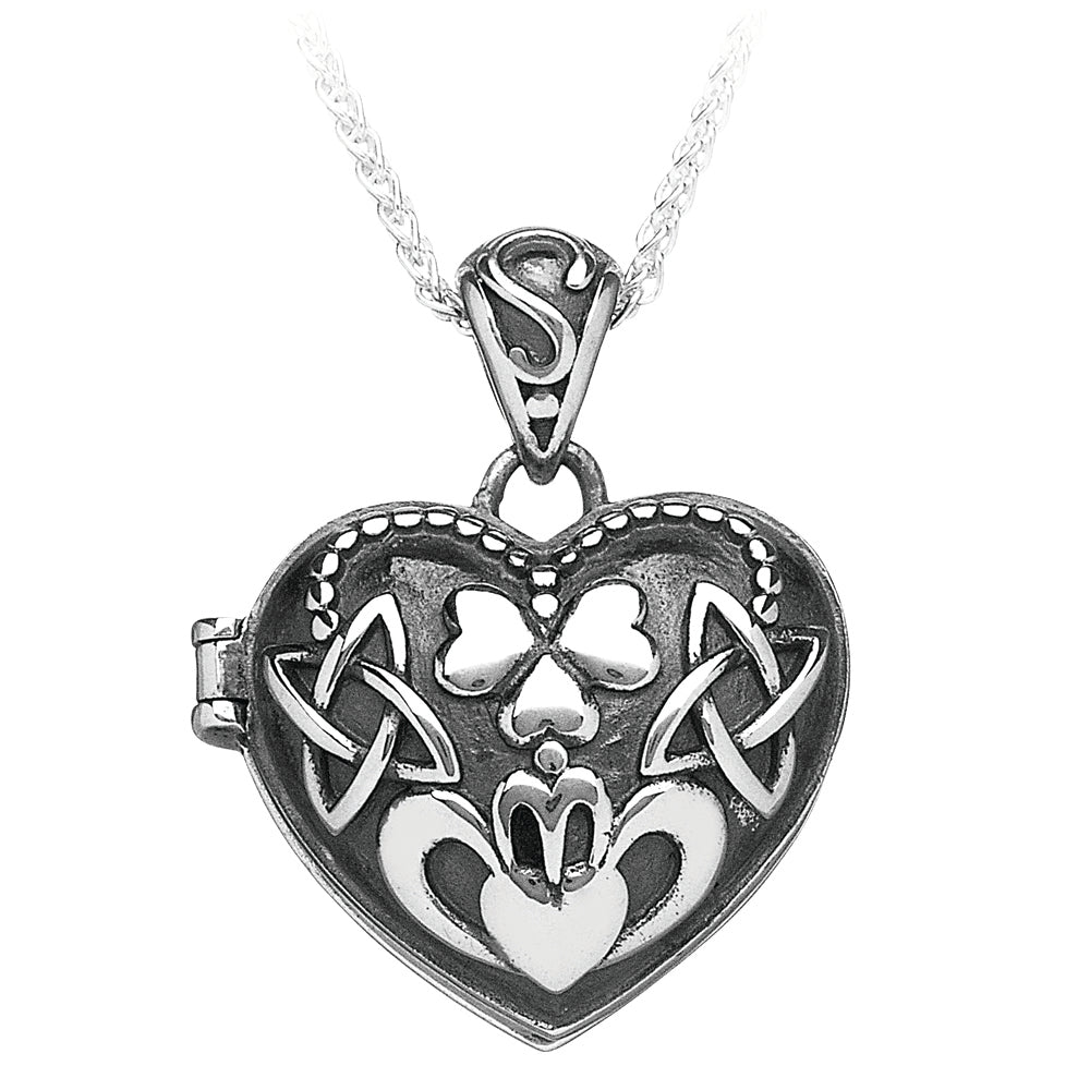 Oxidized Sterling Silver Puffed Heart Claddagh Locket - The Celtic Gift Store - Necklaces