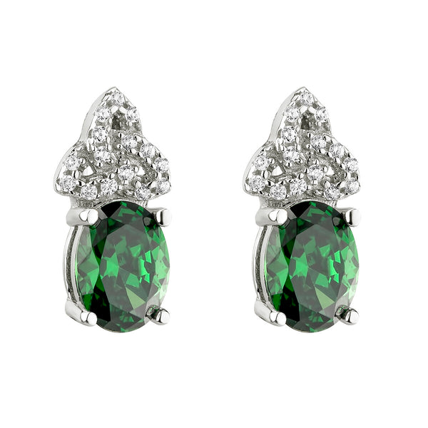 Silver Green Cubic Zirconia Trinity Knot Stud Earrings