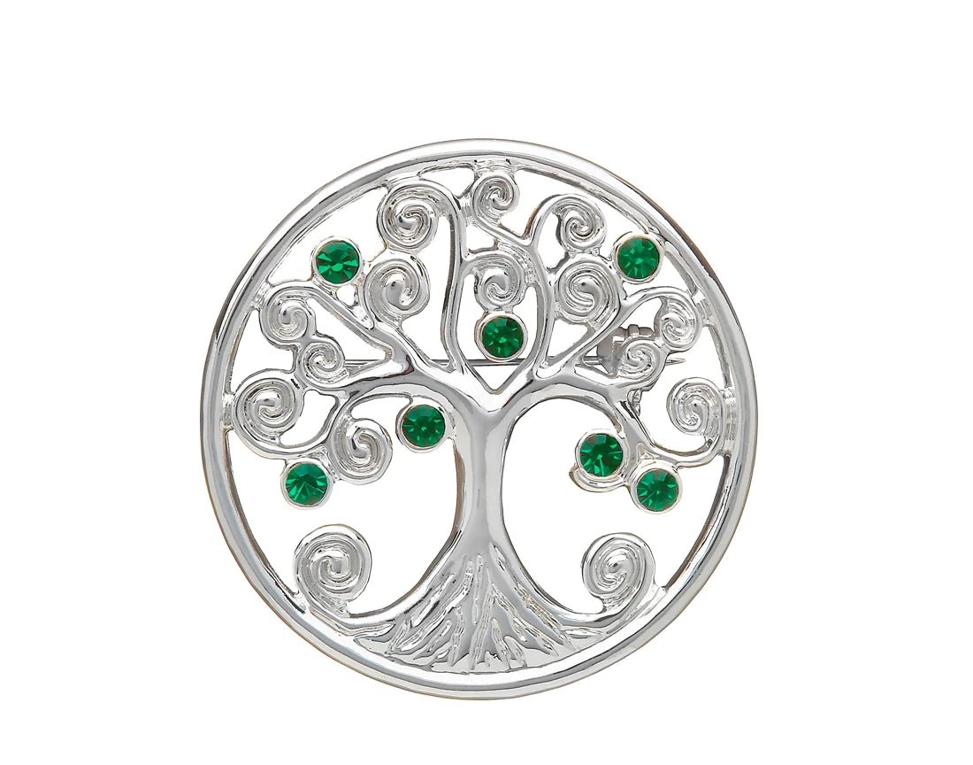 Silver Plated Tree of Life Brooch with Green Stones - The Celtic Gift Store - Jewelry