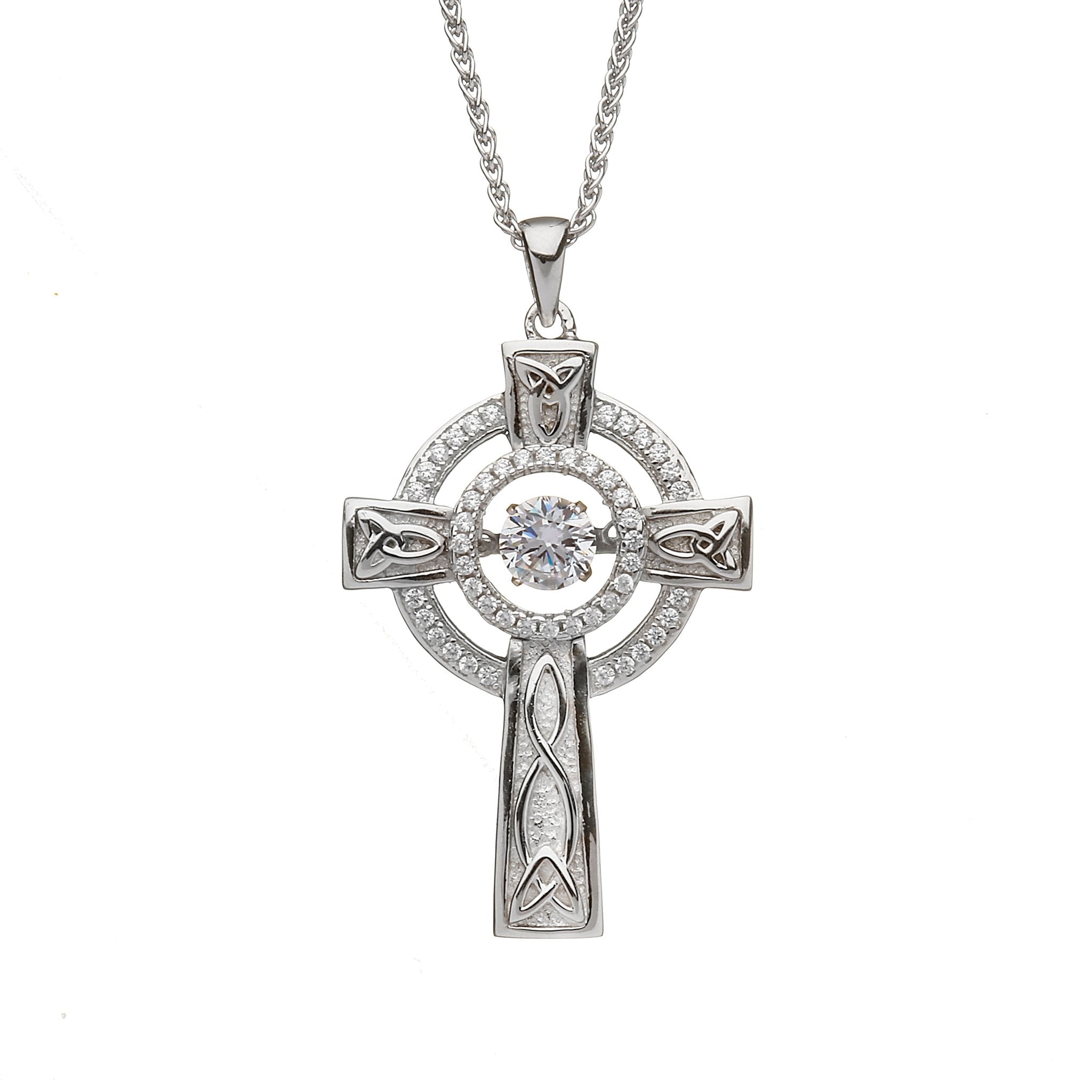 Sterling Silver Celtic Cross with Dancing Stone Centre - The Celtic Gift Store - Necklaces