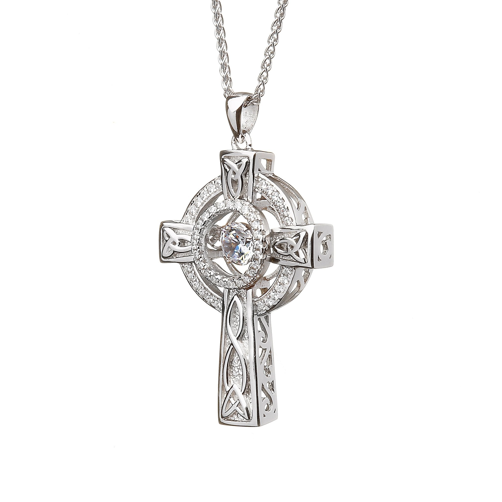 Sterling Silver Celtic Cross with Dancing Stone Centre - The Celtic Gift Store - Necklaces