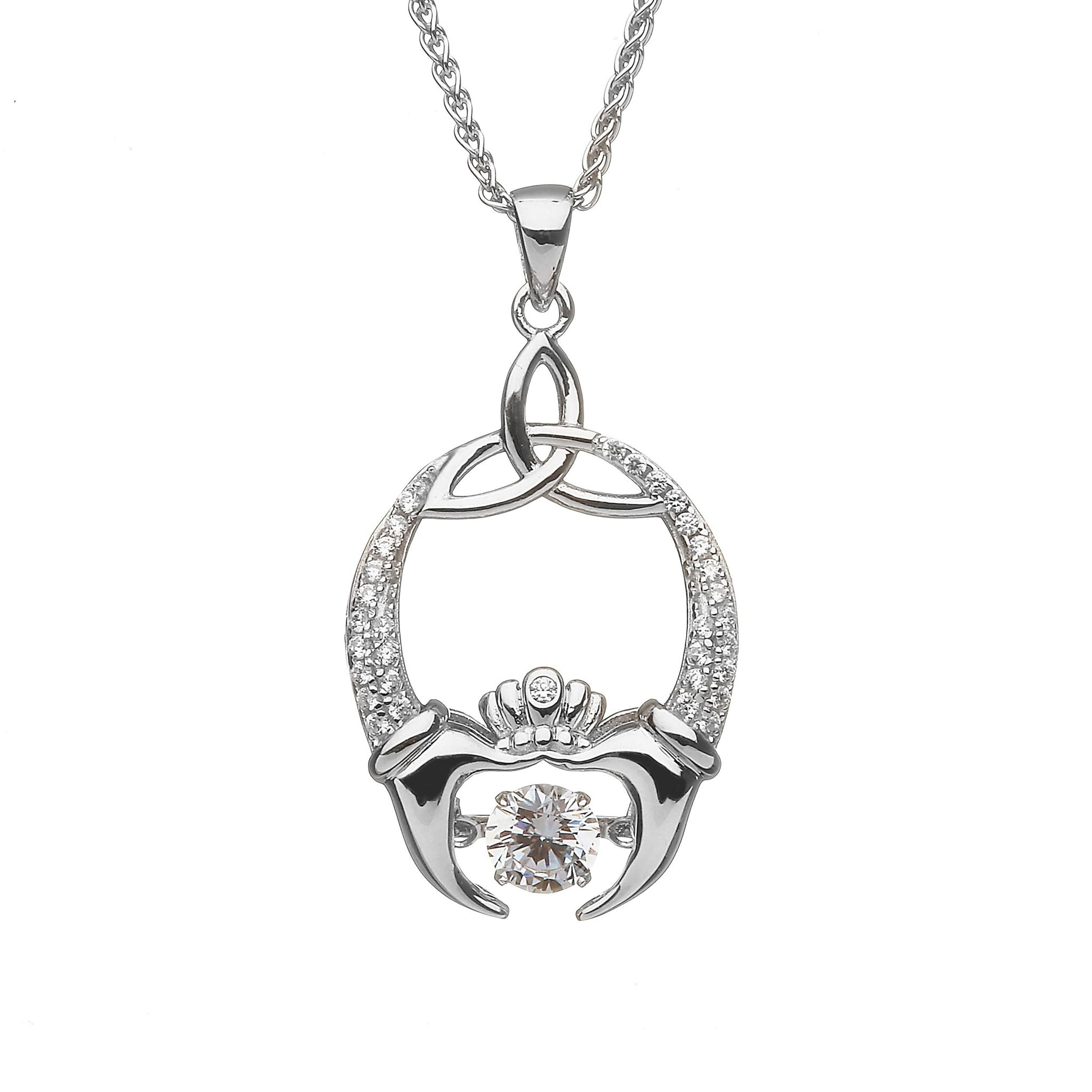 Sterling Silver Claddagh and Trinity Knot Dancing Stone Necklace - The Celtic Gift Store - Necklaces