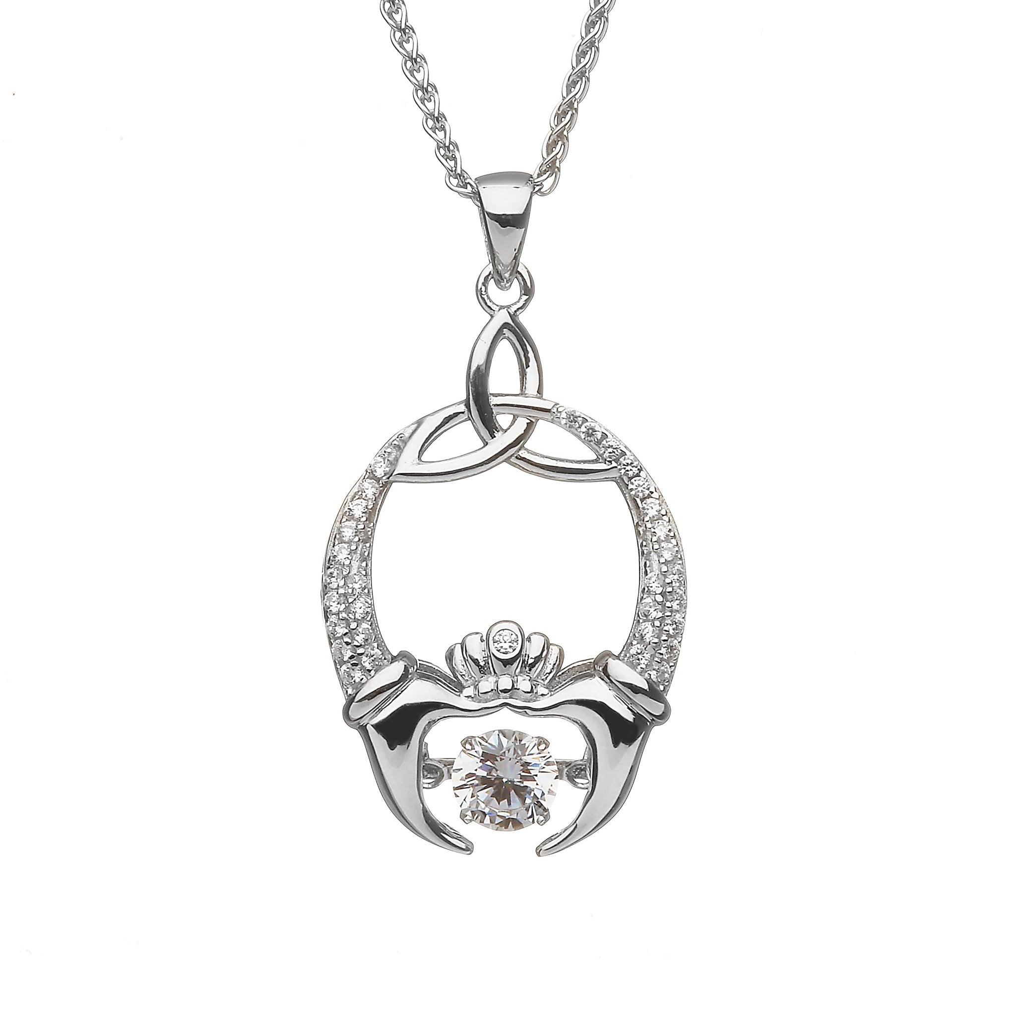 Sterling Silver Claddagh and Trinity Knot Dancing Stone Necklace - The Celtic Gift Store - Necklaces