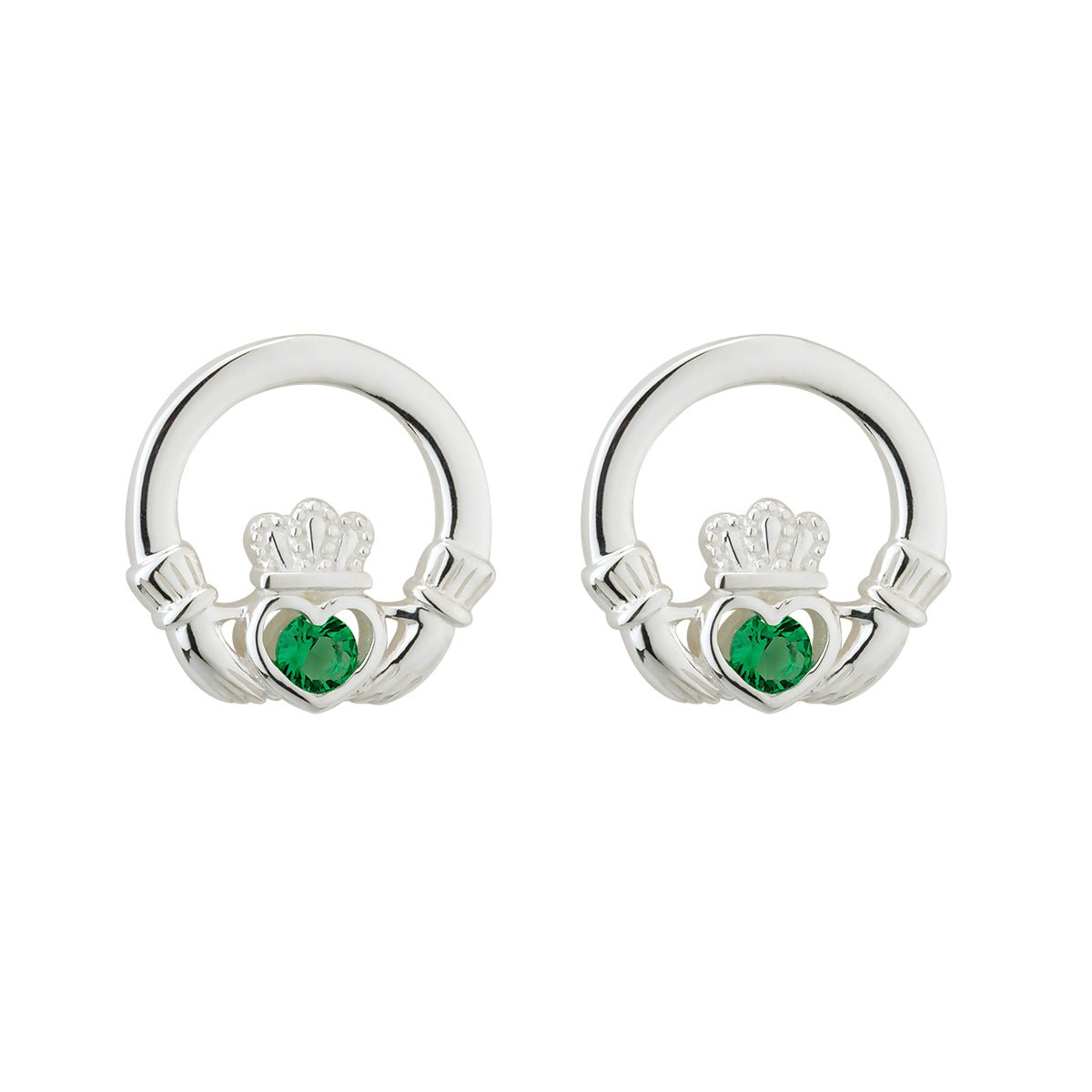 Sterling Silver Claddagh Stud Earrings with Green Crystals - The Celtic Gift Store - Earrings