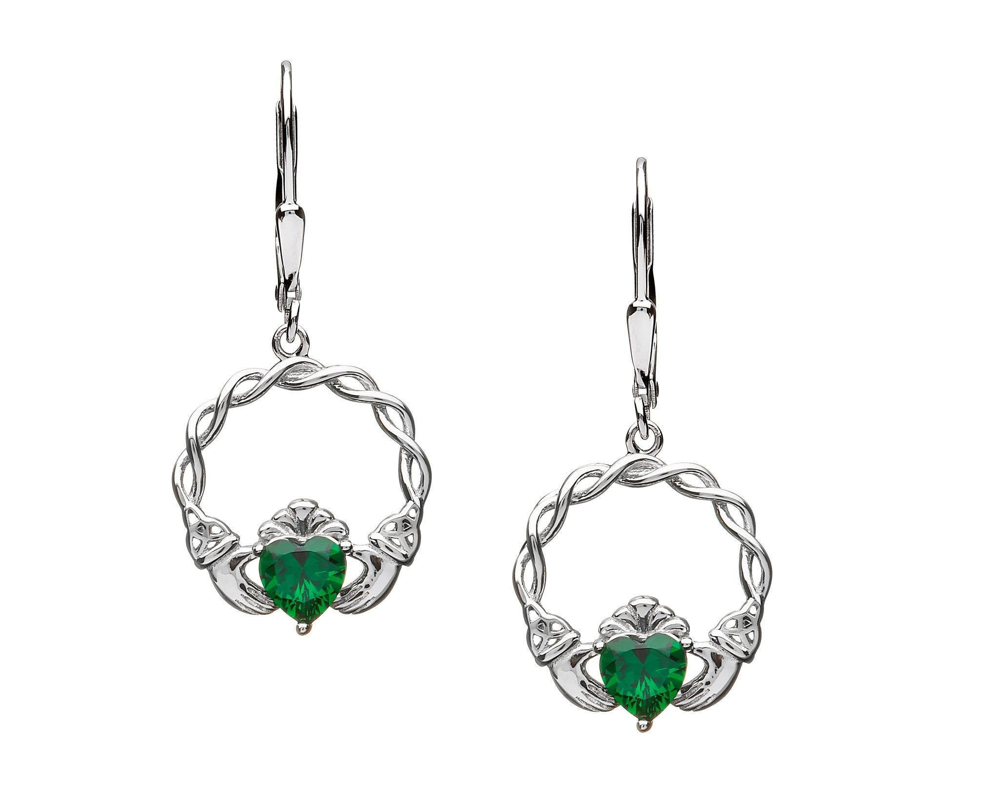 Sterling Silver Green CZ Claddagh Drop Earrings - The Celtic Gift Store - Earrings