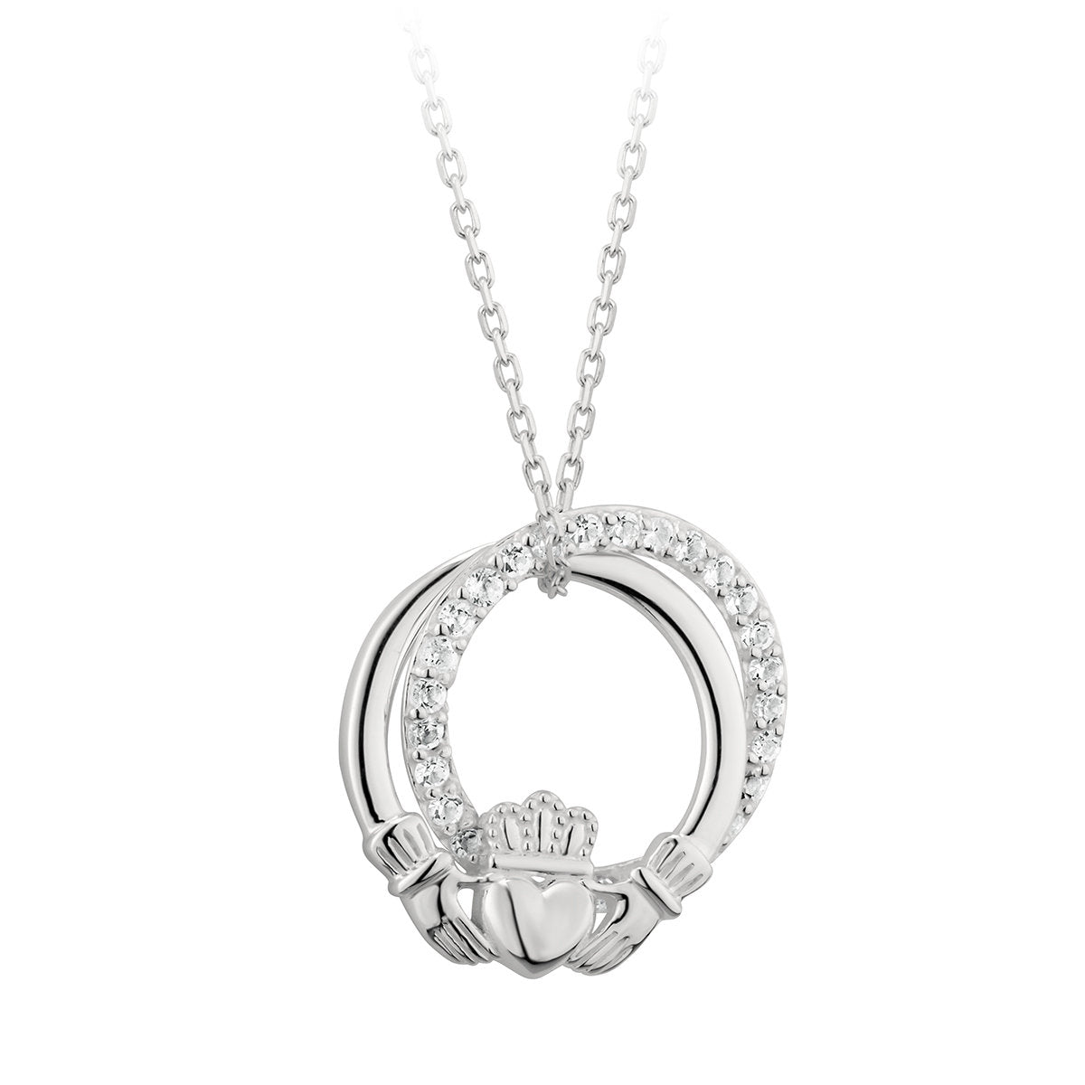 Sterling Silver Interlocking Claddagh and CZ Circle Necklace - The Celtic Gift Store - Necklaces