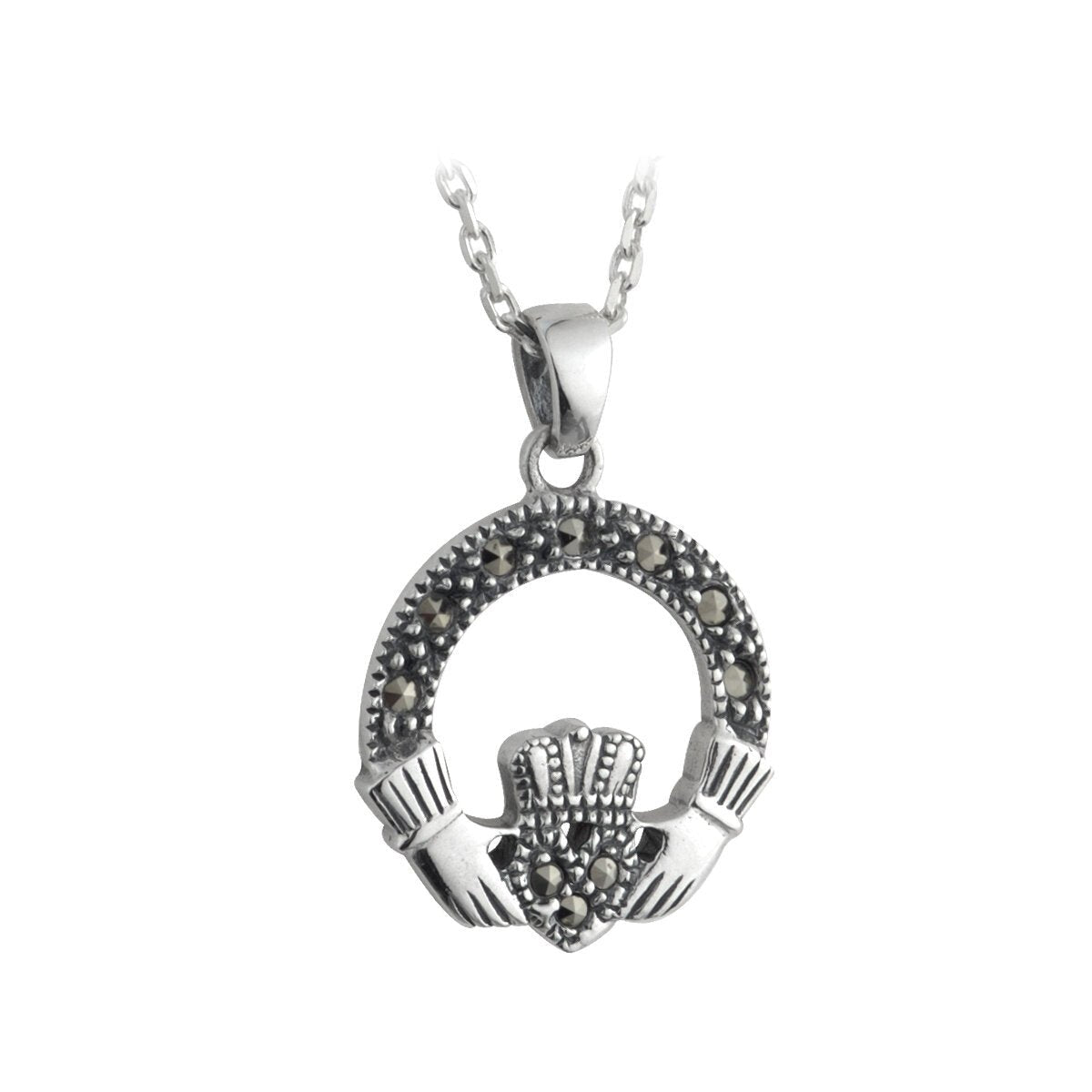 Sterling Silver Marcasite Claddagh Necklace - Small - The Celtic Gift Store - Necklaces
