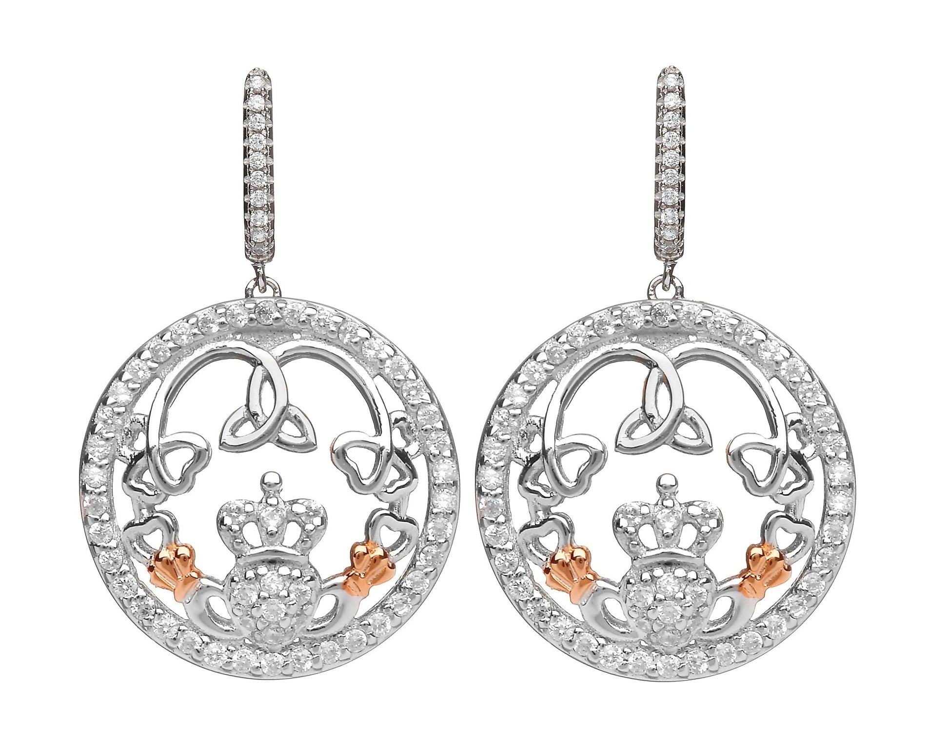 Sterling Silver Rose Gold Claddagh CZ Drop Earrings - The Celtic Gift Store - Earrings