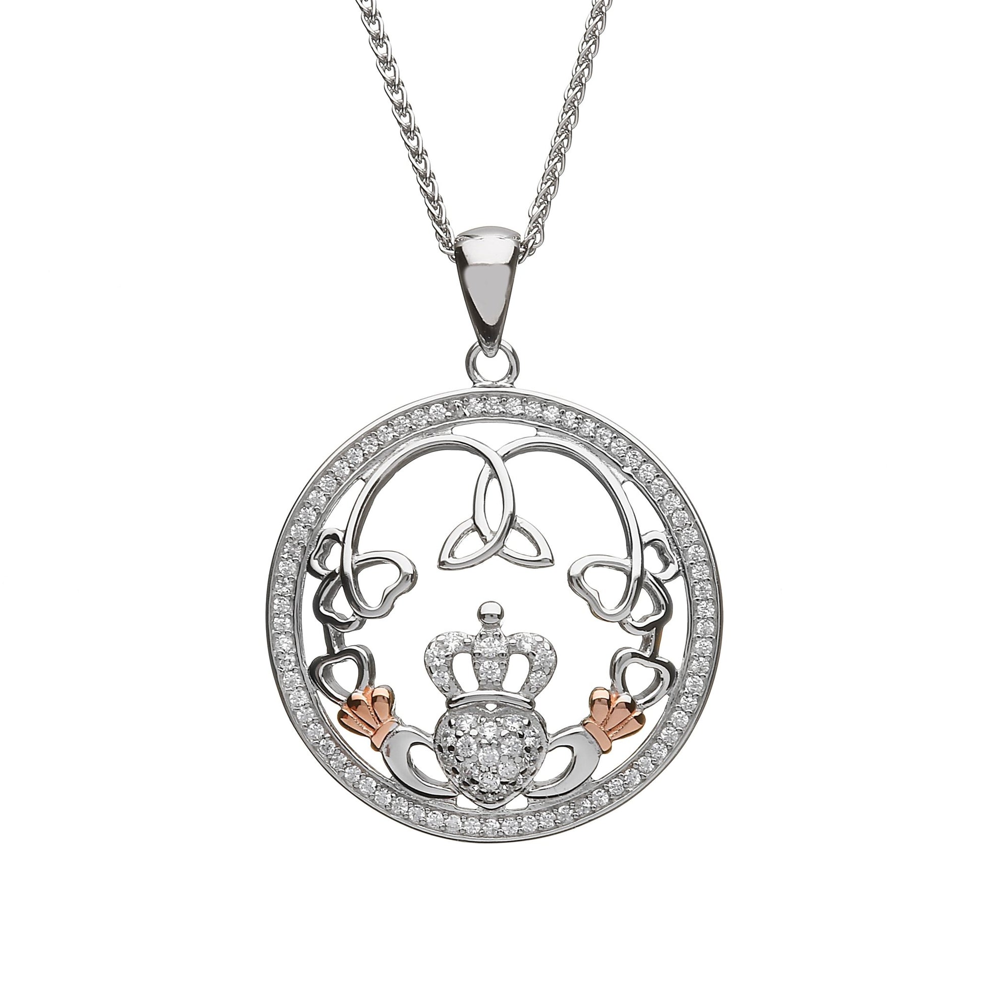 Sterling Silver Rose Gold Claddagh CZ Necklace - The Celtic Gift Store - Necklaces