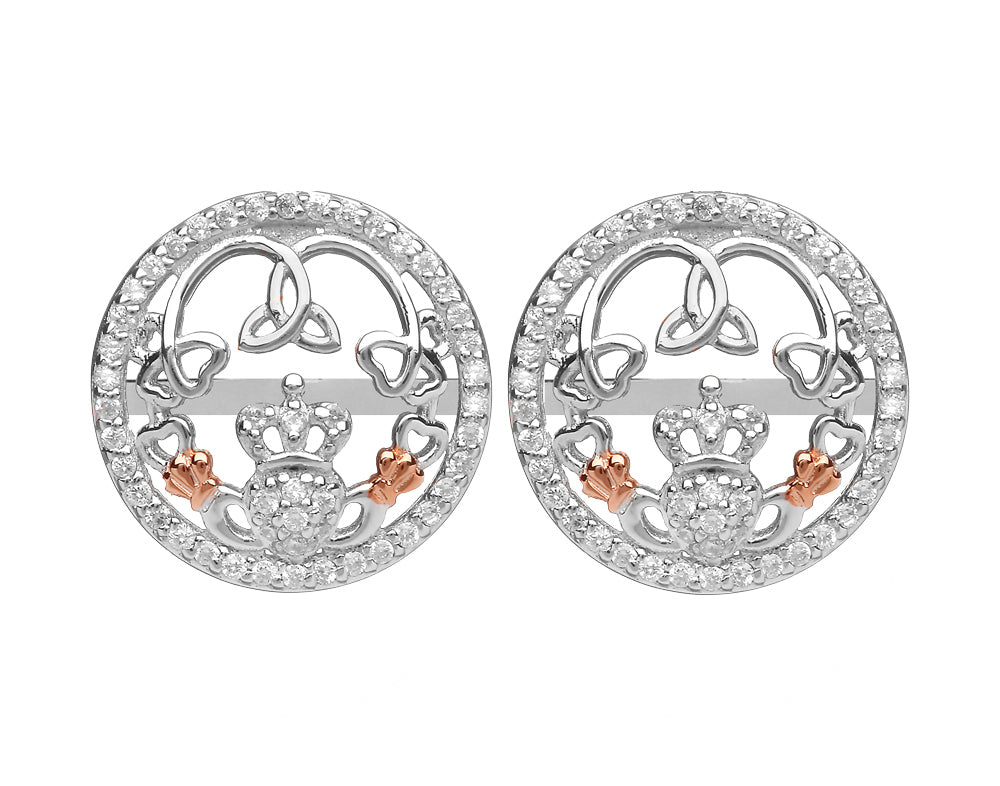 Sterling Silver Rose Gold Claddagh CZ Stud Earrings - The Celtic Gift Store - Earrings