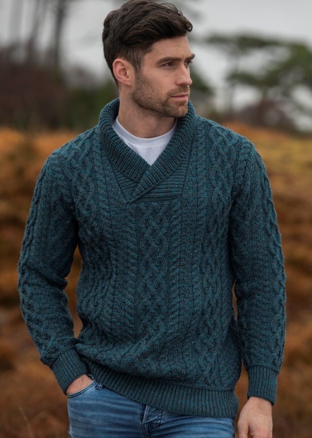West End Bunratty Shawl Collar Sweater - Peacock - The Celtic Gift Store - 
