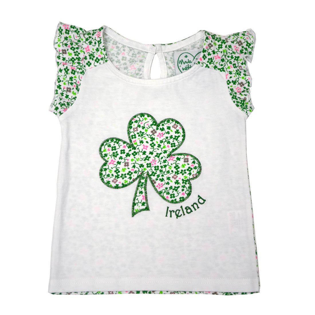 White and Green Floral Shamrock Applique Kids T-Shirt - The Celtic Gift Store - Shirts & Tops