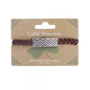 Woven Leather Bracelet with Celtic Knot Bar - Brown - The Celtic Gift Store - Jewelry